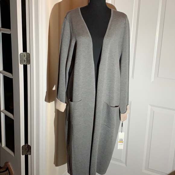 Calvin Klein Gray Open Front Long Knit Cardigan w/Contrast Color - Picture 1 of 10